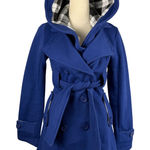 Blue Hooded Double Breasted Trench Coat Womens Size Small Casual Retro Fashion Photo 0