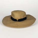 Vince Camuto Women's Tan Wide Brim Sun Hat OS Black Band Gold V Packable Resort Photo 1