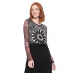 Desigual Top Womens Large Black Multicolor Floral Long Sheer Mesh Sleeve Y2K L Photo 1