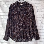 Beach Lunch Lounge Black and Brown Print Button Down Long Sleeve Blouse Size Lg Photo 0