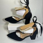 Closed Toe Pearl Heels Satin Wedding with Bow Chunky Block Heels Prom Evening Black Size 8 Photo 1