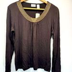 Chico's Chico’s Glamour Neckline Calix Tee Chocolate Brown Long Sleeve Sequined V Neck Photo 0