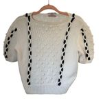 Vintage Hand Knit French Girl Preppy Coastal Short Sleeve Sweater With Pom Poms White Photo 8