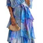 NWT ~ Women's Watercolor Tie Dye Layered Tiers V Neck Wrap Dress Belt ~ Size XL Blue Photo 0