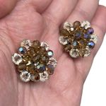 Vintage Unsigned AB Aurora Borealis Snowflake Shaped Clip On Earrings Cluster Multiple Photo 1