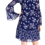 White House | Black Market WHBM Dress Women Large Blue Floral Print Tassel‎ Tie Neck Peasant Boho Mini Photo 0