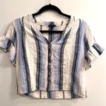 Drew Cropped Blue Stripe Linen Blend Shirt Photo 0
