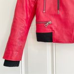 Alice + Olivia  Avril Red Leather Moto Jacket with Attached Hoodie Photo 4