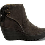 Fly London Women 38 US 7.5-8 Yama Wedge Platform Bootie Green Suede Lace Up Boot Photo 0