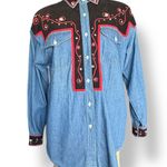 Vintage 80s Rhinestone Western Chambray Denim Shirt Medium Cowgirl Rodeo Glam Blue Photo 1