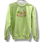 Cute Frog Mushroom Embroidered Lime Green Crewneck Sweatshirt Size L Photo 0