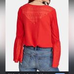 Free People $88  Parisian Red Eyelet S boho lace V Neck Puff Sleeve top Nwot fall Photo 2