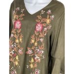 Umgee  Boho Dark Green Floral Embroidered Faux Suede Ruffle Sleeve‎ Tunic Dress L Photo 1