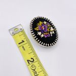 Vintage Black Purple Green Silver Floral Embroidered Needlepoint Oval Brooch Photo 3