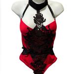 Frederick's of Hollywood Frederick’s of Hollywood Dominatrix Red Black High Neck Thong Bodysuit Sz L Photo 1