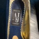 A J Valenci Peep Toe Denim Wedge Pumps Blue Gold Trim Size 9W – EUC Photo 7