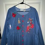 Mosaic Embroidered Denim holiday Dress with Red Buttons Blue Size 16 Photo 1