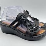 Born Women's Black Leather Flower Wedge Floral Sandals Size 9 Photo 0