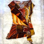 Cache  Orange Brown and White Cowl Neck Abstract Top With a Tie Up Side Bow Photo 0