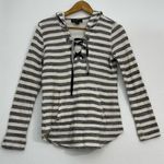 Fifteen Twenty  Gray and White Striped Lace Up Hoodie Sweater Photo 6