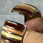 Vintage Hinged Clamper Bangle Bracelet Multicolor Inlay Metal Earth Tone Colors Brown Photo 3