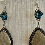 Tan and blue rhinestone silver tone triangle drop earrings Photo 6