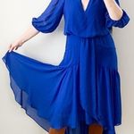 Taylor Royal Blue Azure Chiffon V neck High Low Midi Dress Medium Photo 2