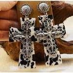 Cow Print Cross Dangle Earrings Western Country‎ Silver Tone Statement New Black Photo 5
