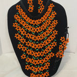 Handmade Floral Beaded Necklace, bracelet and Earring Set. Orange Photo 0
