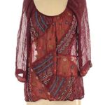 Lucky Brand Blouse M Sheer Beaded Boho Top Embroidered Burgundy Festival Gypsy Photo 0