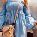 Wrangler  Blue Striped Smocked Peasant Dress Off Shoulder Bell Sleeves Size Large Photo 0