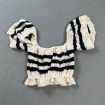 ZARA  Woman Cropped Knit Top L Navy White Stripe Off Shoulder Puff Sleeve Ruffle Photo 1