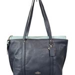 Coach May Navy Blue Pebbled Leather Tote Shoulder Bag Two Tone Light Blue Trim Photo 0
