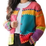 MICHAEL SIMON New York 2000 Patchwork Rainbow Knit Ribbon Trim Sweater Medium Pink Photo 0