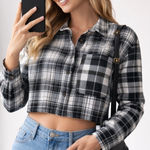 Forever 21  Multi Patchwork Plaid Cropped Flannel Shirt Black White Size M Photo 0