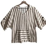 Perseption Concept Beach Boho Brown White Striped Short Sleeve Hoodie Sweater Size L Photo 0