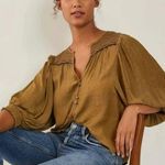 Anthropologie  Brown Gold Cacee Jacquard Button Down Blouse Photo 0