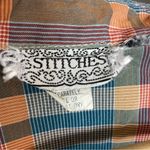 Vintage 70s 80s Plaid Shirt Women Retro Blue Orange Button Photo 2