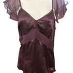 Daisy Fuentes Eggplant Purple Silk Blend Top Ruffle Sleeves V-Neck Blouse Large Photo 0