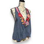 Free People  Blue Embroidered Faux Wrap Frida Tank Top Striped Boho Fairy X Small Photo 2