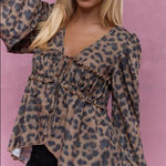 Missguided  Long Sleeve flounce tie front Babydoll Top cheetah print Blouse S Photo 0