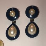 Vintage Chunky Navy Blue Gold Tone Faux Pearl Beaded Necklace Earrings Set Photo 1