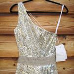 Mac Duggal 5687 SEQUINED ONE SHOULDER DRAPED LACE UP GOWN NWT Nude Silver 4 Photo 8
