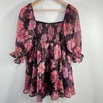 Thirty Thirty Floral‎ Mini Dress Smocked Square Neck Ruffled Cuffs Fairy Pink L Size L Photo 2