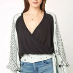 Free People  Auxton Mixed Print Wrap Top Black/Mint Floral Size Medium Photo 0