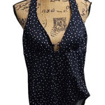 Navy Blue White Polka Dot Halter Neck One Piece Swimsuit Ring Detail Black Size M Photo 0