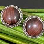 Unique Vintage  STERLING Signed Red Tiger Eye Large Cabochon Clip-On Earrings 15g Photo 0