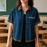 Vintage Blue Denim Shirt with Leopard and zebra Trim • Jean shirt • Jean jacket Size L Photo 0