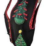 VINTAGE Ugly Christmas Tree Sweater Vest Lrg Holiday Grandma CottageCore Novelty Black Size L Photo 1