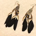 Natural Feather Earrings in Black & Gold Long Drop Bird Feather Aztec Earrings Photo 0